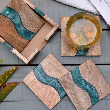 Handmade Green Epoxy River and Acacia Wood Wood Set of 4 Decorative Table Coasters with Stand